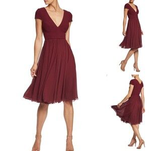 Dress the Population Corey Chiffon Fit & Flare Cocktail Dress Burgundy size Med